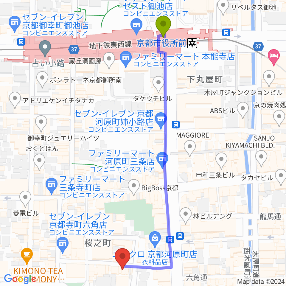 トラドラレコードの最寄駅京都市役所前駅からの徒歩ルート（約6分）地図