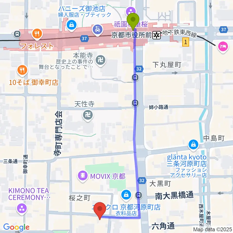トラドラレコードの最寄駅京都市役所前駅からの徒歩ルート（約6分）地図