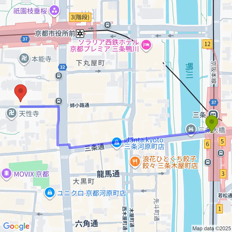 三条駅からVINYL7 RECORDSへのルートマップ地図