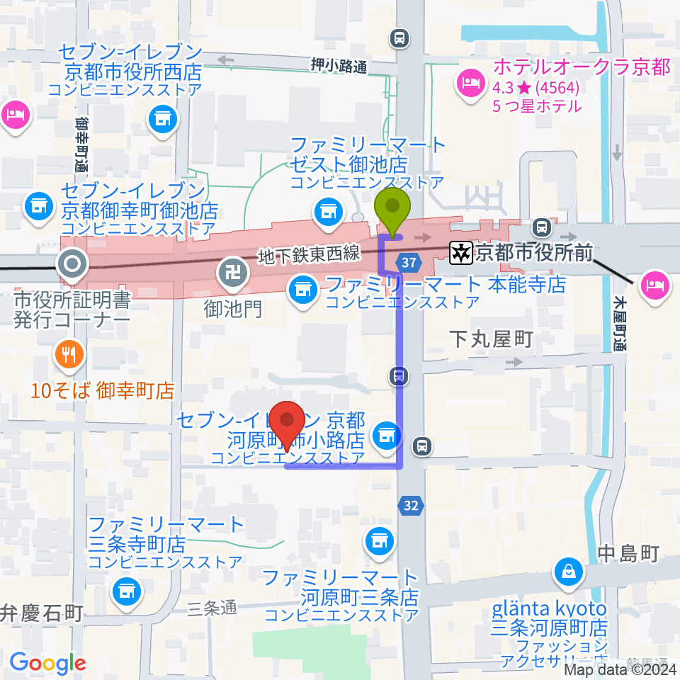 VINYL7 RECORDSの最寄駅京都市役所前駅からの徒歩ルート（約3分）地図