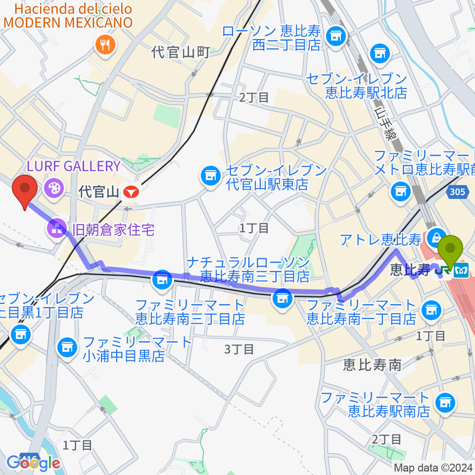 恵比寿駅から代官山ヒルサイドプラザホールへのルートマップ地図