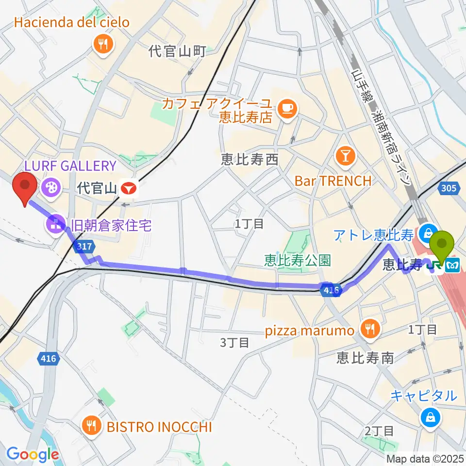 恵比寿駅からヒルサイドプラザホールへのルートマップ地図