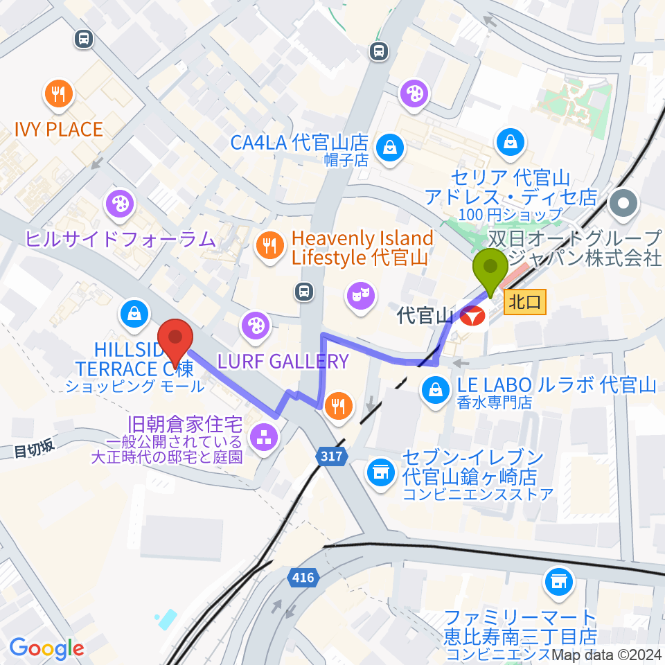 代官山ヒルサイドプラザホールの最寄駅代官山駅からの徒歩ルート（約4分）地図