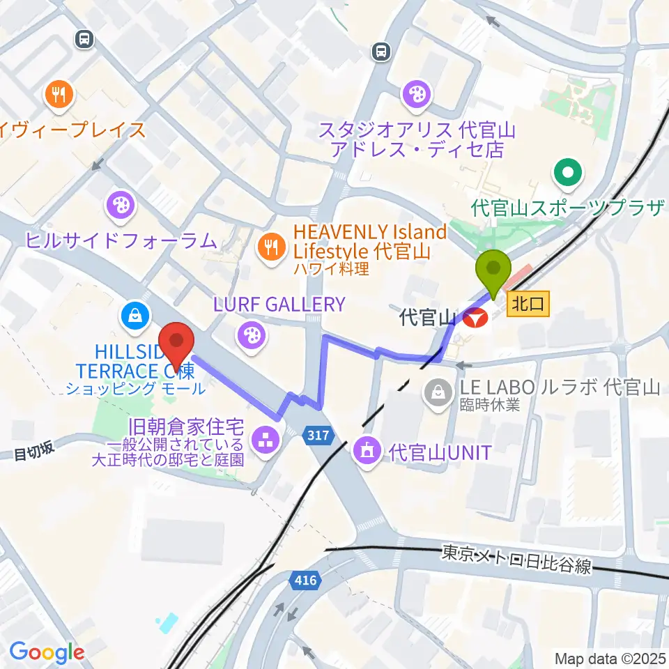 ヒルサイドプラザホールの最寄駅代官山駅からの徒歩ルート（約4分）地図