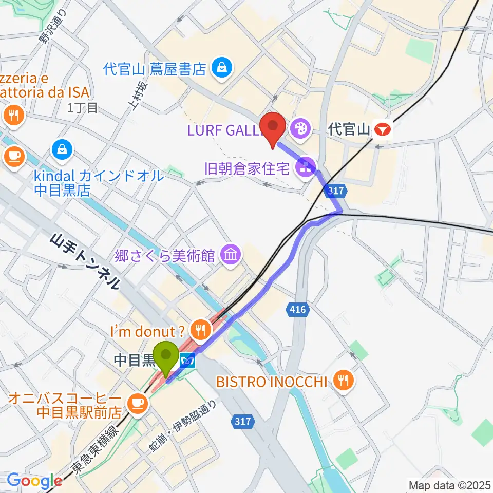 中目黒駅からヒルサイドプラザホールへのルートマップ地図