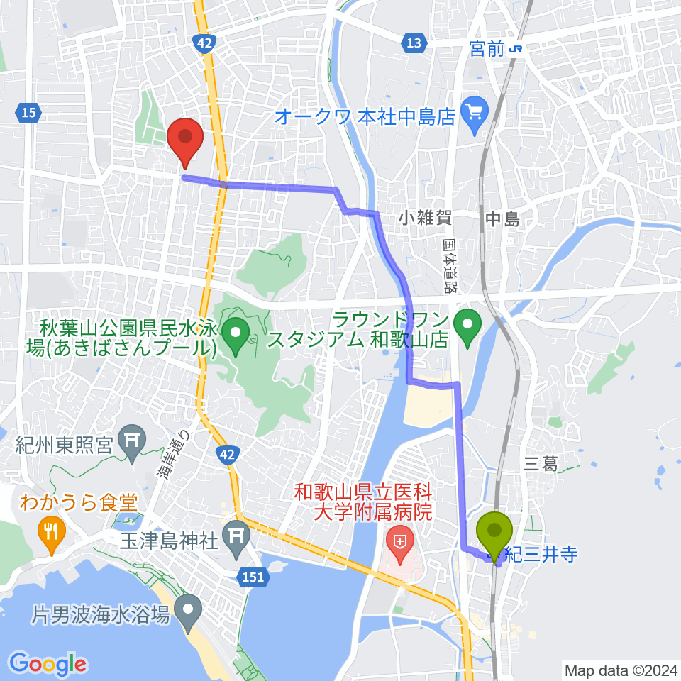紀三井寺駅から和歌山県立図書館 文化情報センターへのルートマップ地図