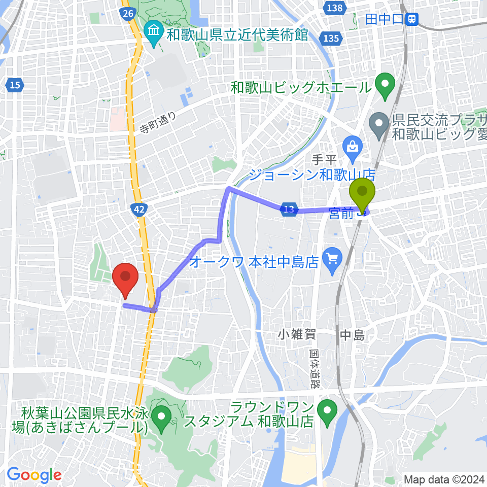 和歌山県立図書館 文化情報センターの最寄駅宮前駅からの徒歩ルート（約33分）地図