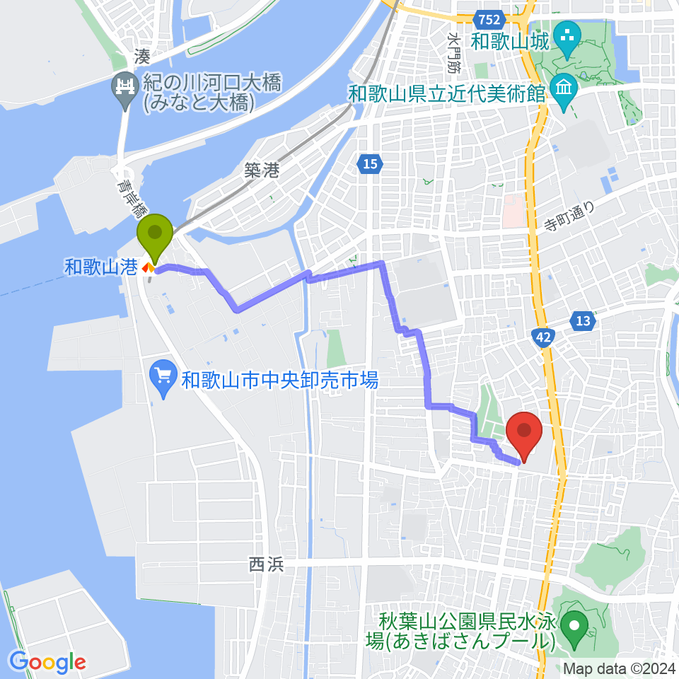 和歌山港駅から和歌山県立図書館 文化情報センターへのルートマップ地図