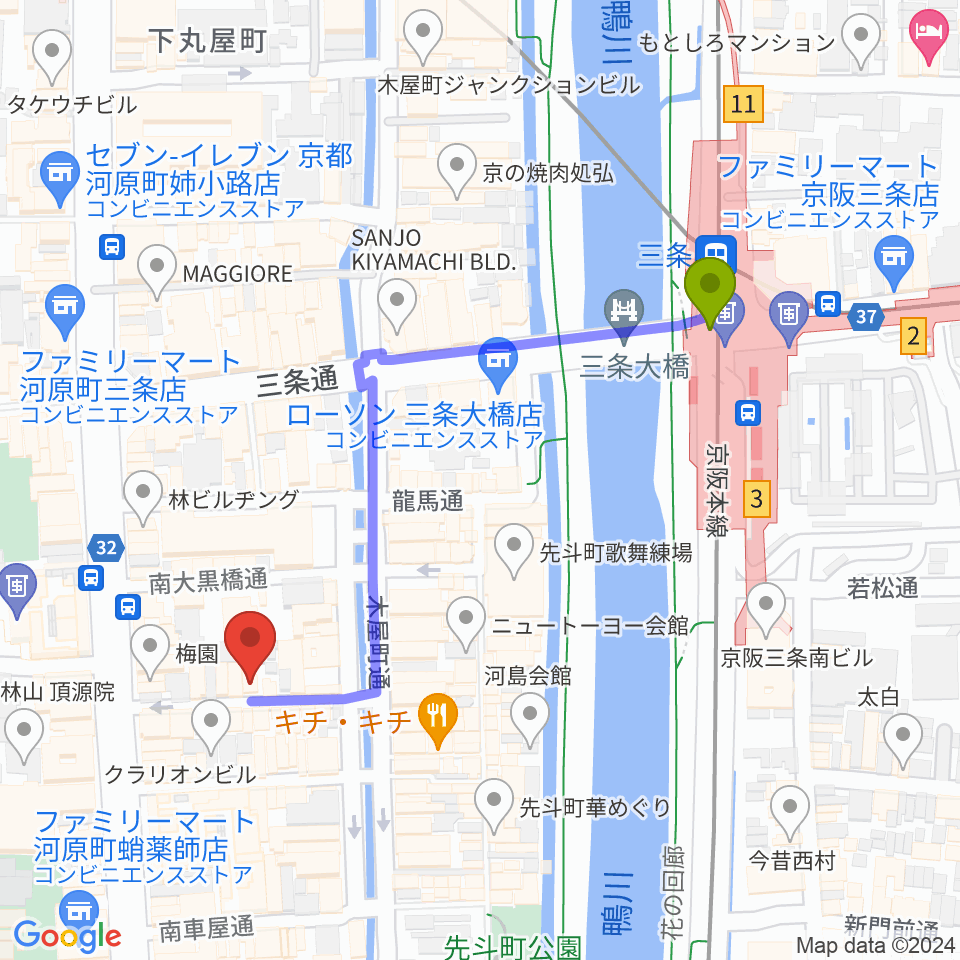 京都アメリカングラフィティーズの最寄駅三条駅からの徒歩ルート（約5分）地図