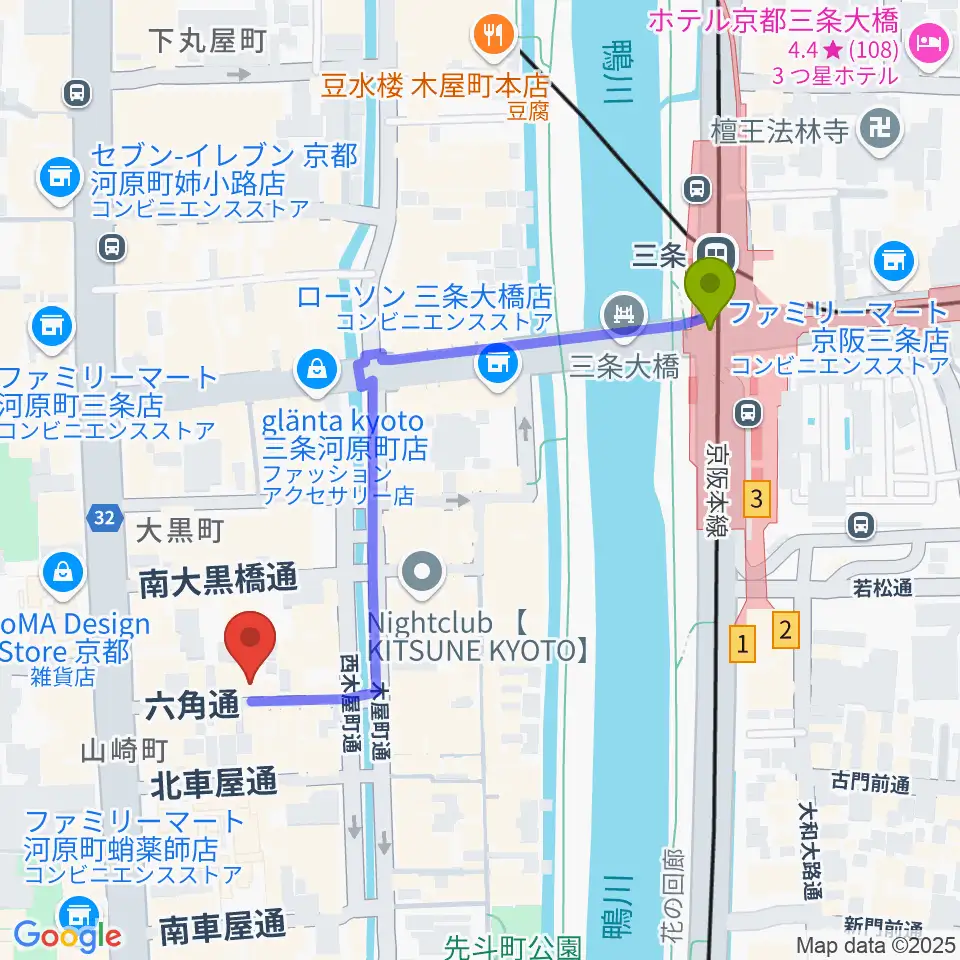 京都アメリカングラフィティーズの最寄駅三条駅からの徒歩ルート（約5分）地図