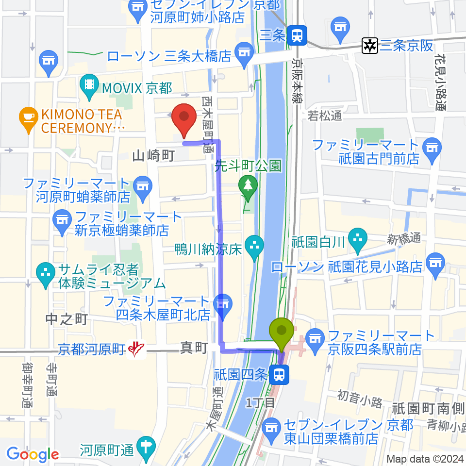 祇園四条駅から京都アメリカングラフィティーズへのルートマップ地図