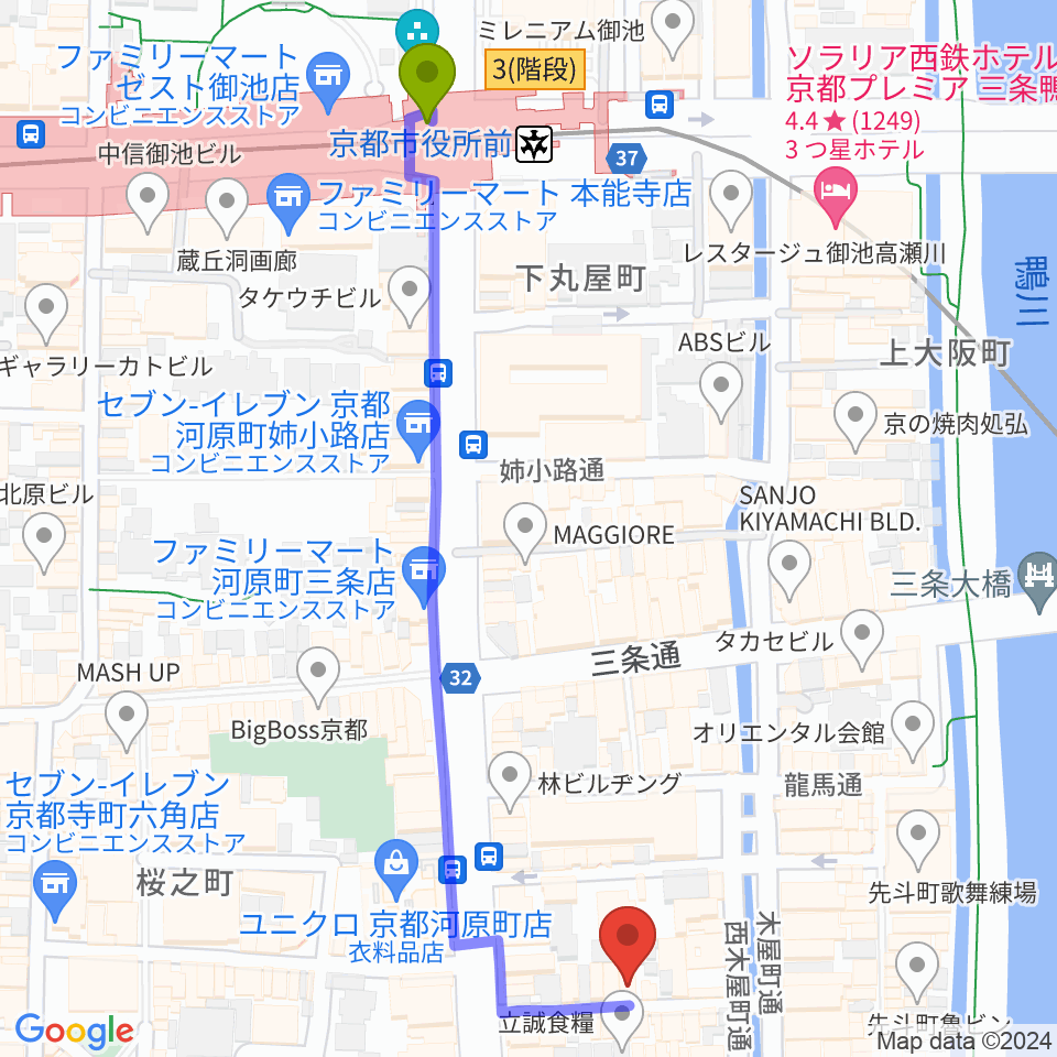 京都市役所前駅から京都アメリカングラフィティーズへのルートマップ地図