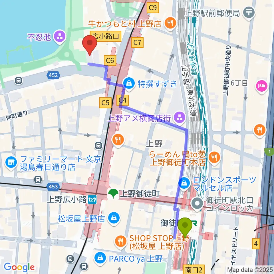 御徒町駅から池之端ライブスペースQuiへのルートマップ地図
