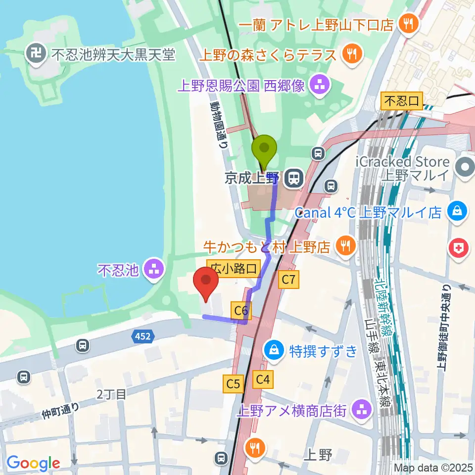 池之端ライブスペースQuiの最寄駅京成上野駅からの徒歩ルート（約2分）地図