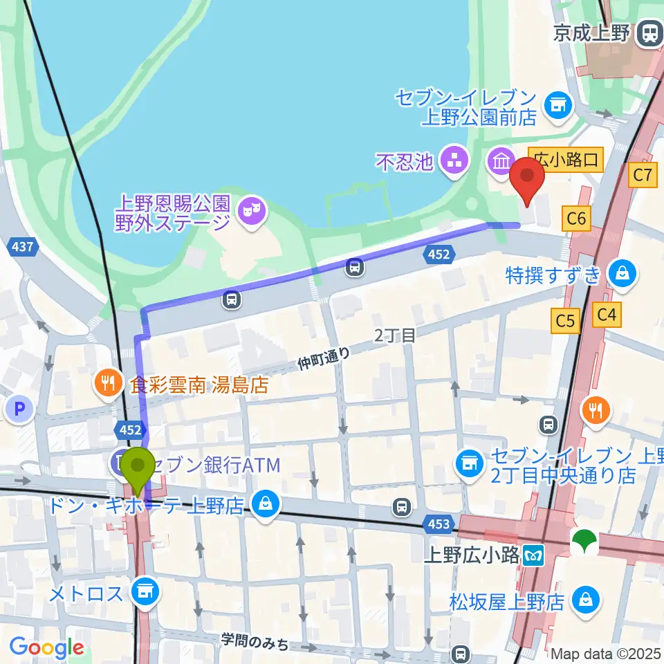 湯島駅から池之端ライブスペースQuiへのルートマップ地図