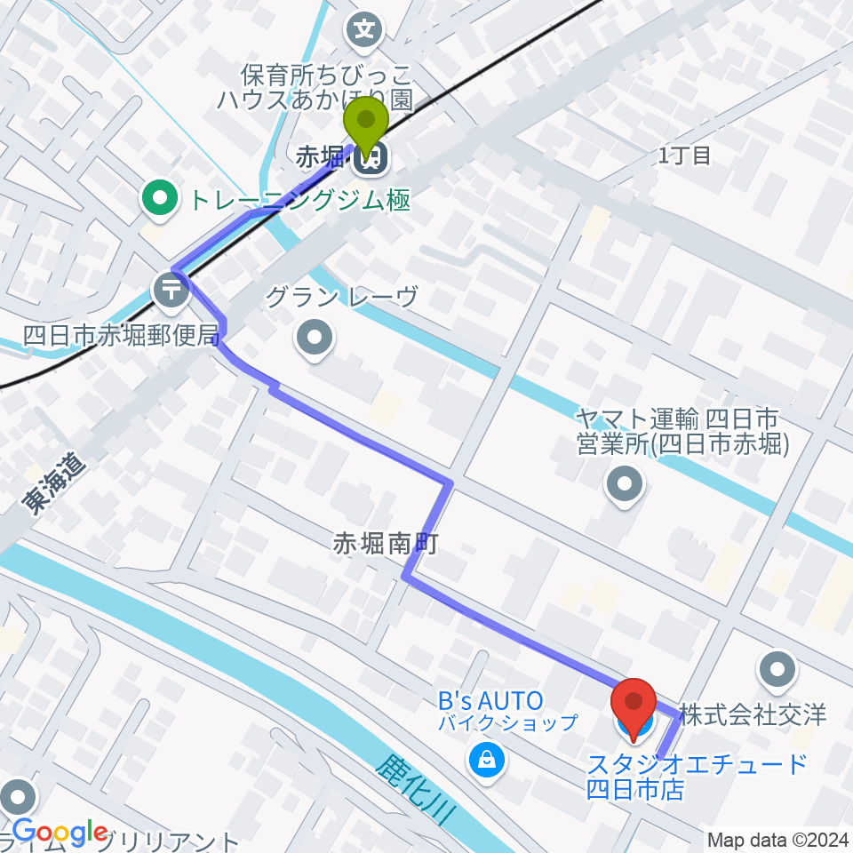 スタジオエチュード四日市店の最寄駅赤堀駅からの徒歩ルート（約6分）地図