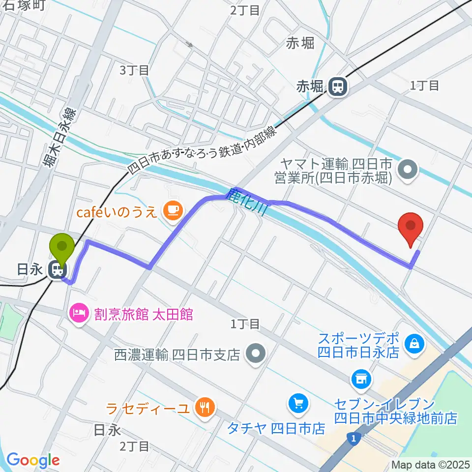 日永駅からスタジオエチュード四日市店へのルートマップ地図