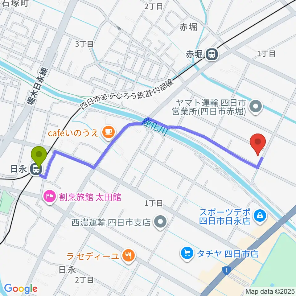 日永駅からスタジオエチュード四日市店へのルートマップ地図