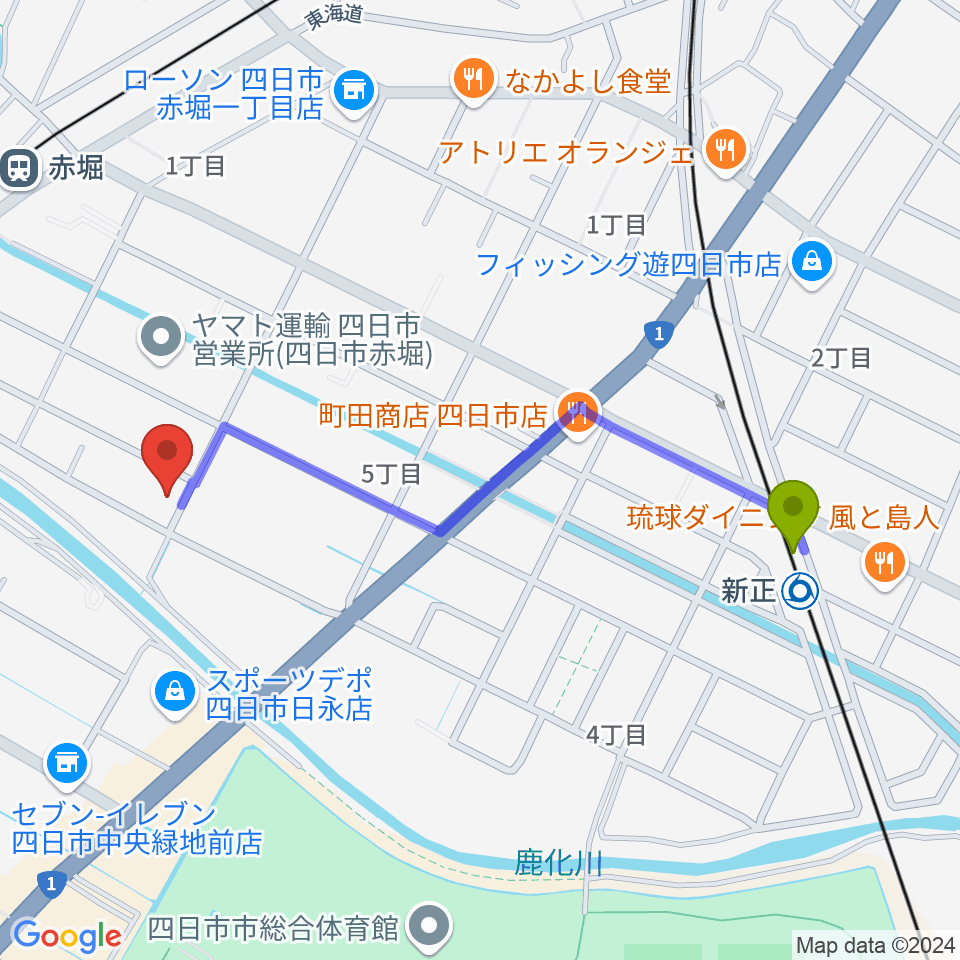 新正駅からスタジオエチュード四日市店へのルートマップ地図