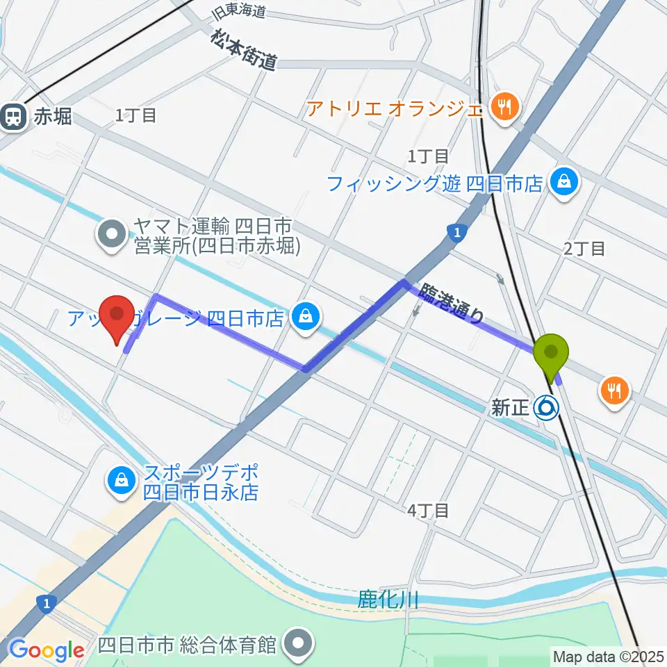 新正駅からスタジオエチュード四日市店へのルートマップ地図