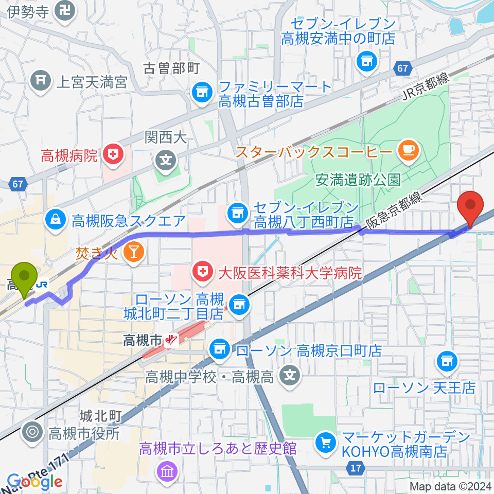 高槻駅からsongbird スタジオへのルートマップ地図