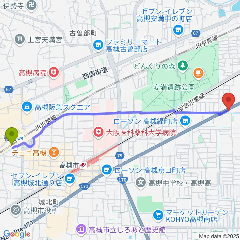 高槻駅からsongbird スタジオへのルートマップ地図