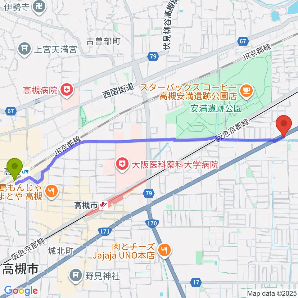 高槻駅からsongbird スタジオへのルートマップ地図
