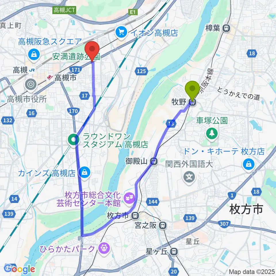 牧野駅からsongbird スタジオへのルートマップ地図