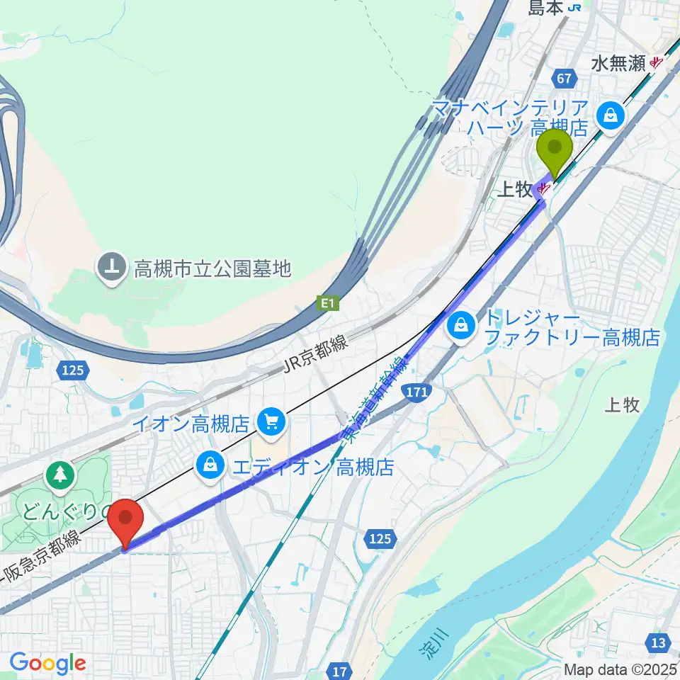 上牧駅からsongbird スタジオへのルートマップ地図