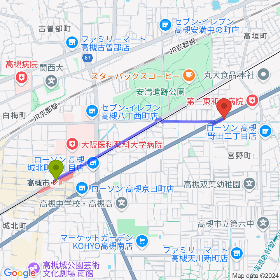 songbird スタジオの最寄駅高槻市駅からの徒歩ルート（約20分）地図