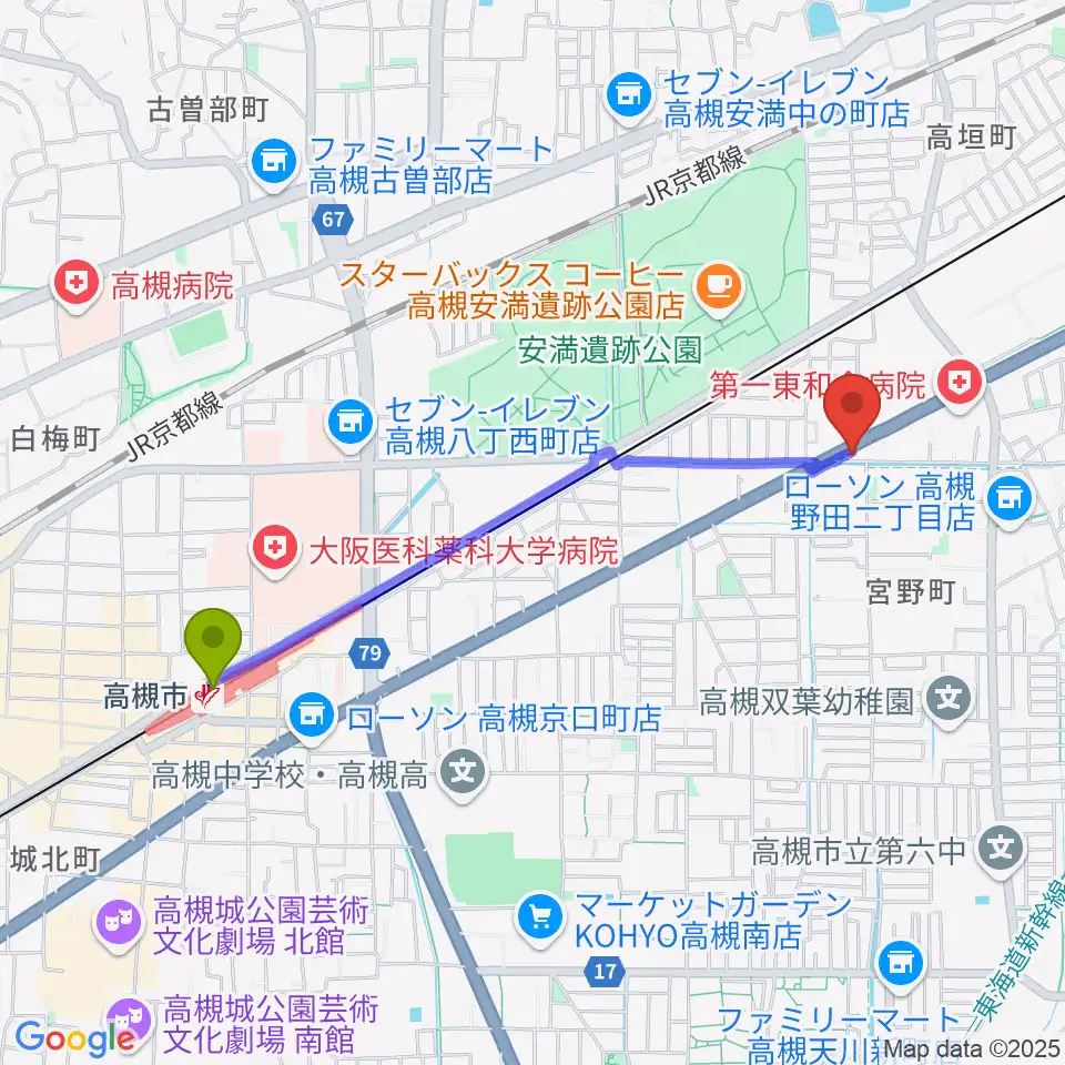 songbird スタジオの最寄駅高槻市駅からの徒歩ルート（約20分）地図