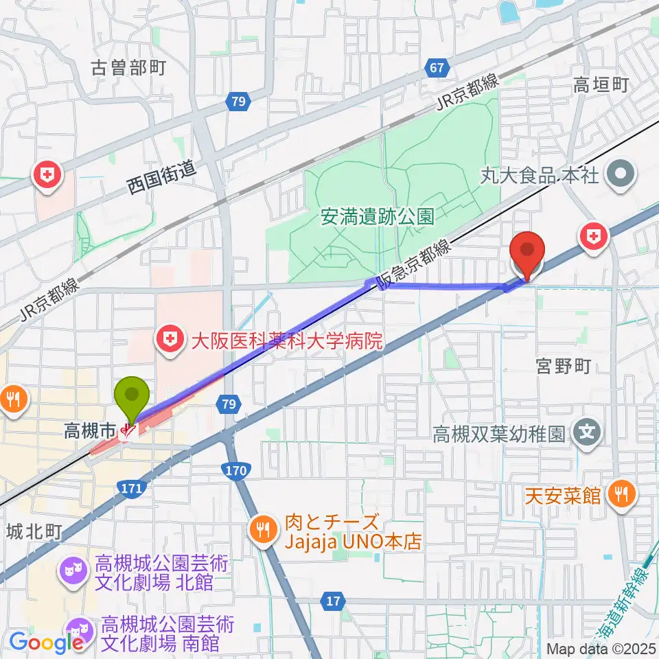 songbird スタジオの最寄駅高槻市駅からの徒歩ルート（約20分）地図