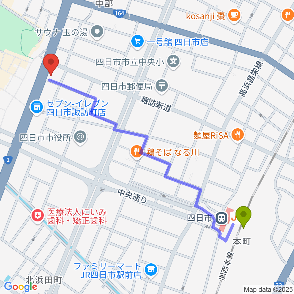 四日市駅からルークレコーズへのルートマップ地図