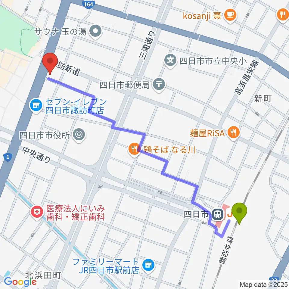 四日市駅からルークレコーズへのルートマップ地図