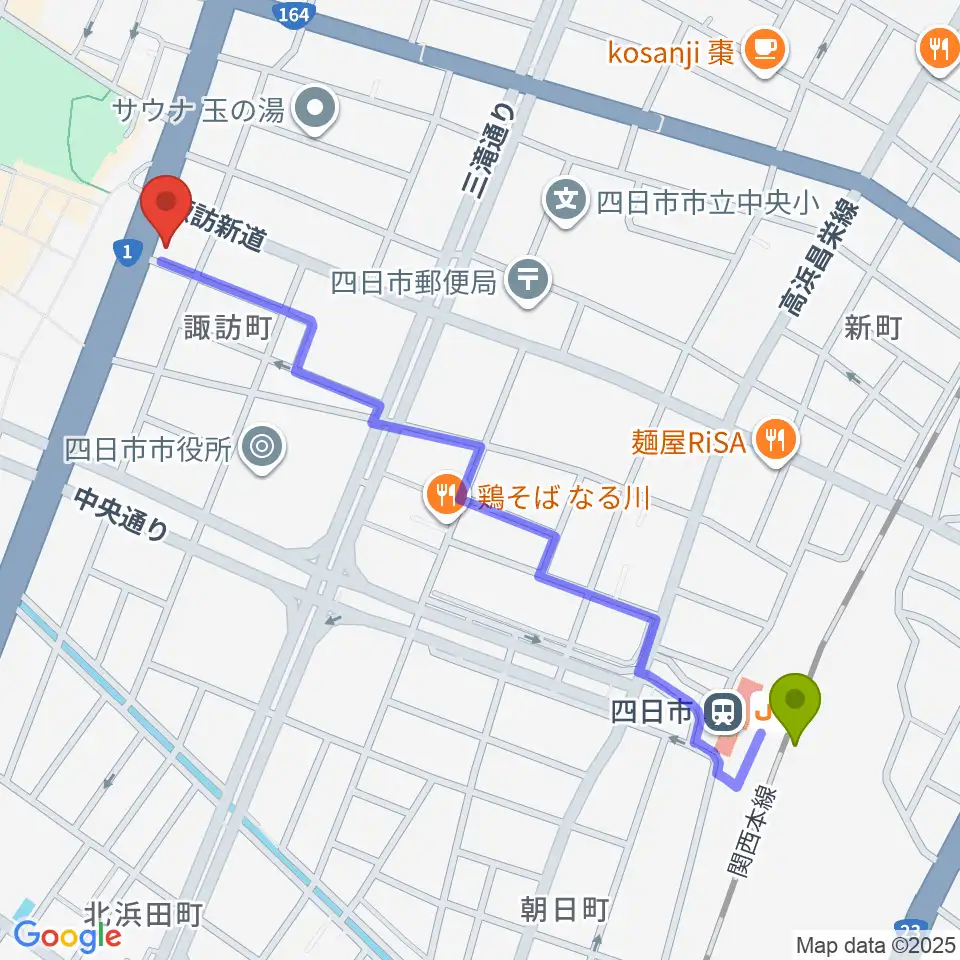 四日市駅からルークレコーズへのルートマップ地図