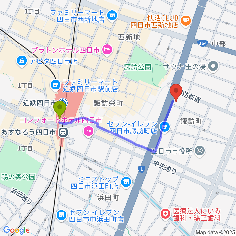 ルークレコーズの最寄駅近鉄四日市駅からの徒歩ルート（約8分）地図