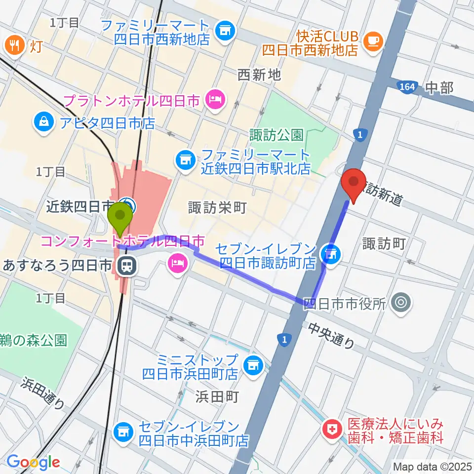 ルークレコーズの最寄駅近鉄四日市駅からの徒歩ルート（約8分）地図