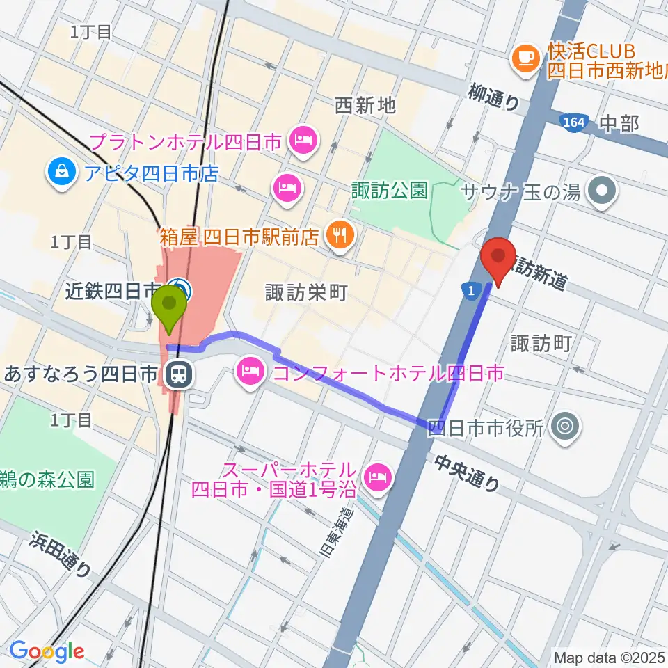 ルークレコーズの最寄駅近鉄四日市駅からの徒歩ルート（約8分）地図