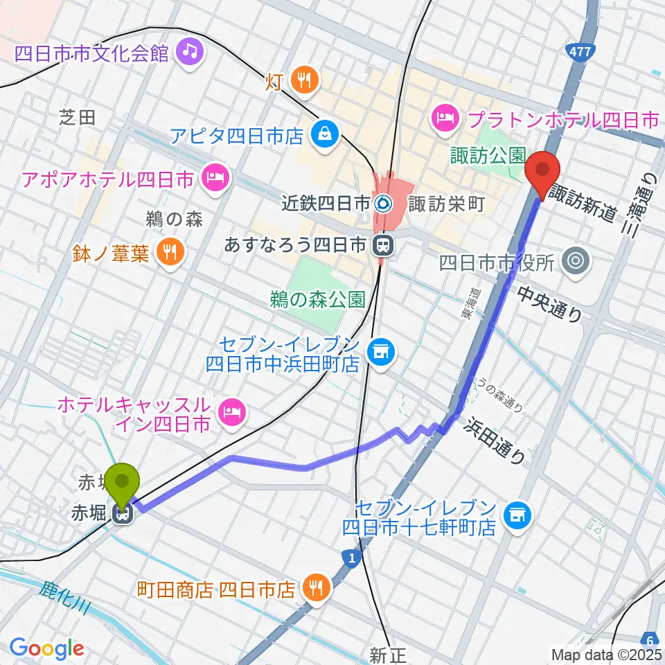 赤堀駅からルークレコーズへのルートマップ地図