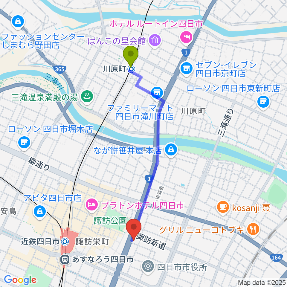 川原町駅からルークレコーズへのルートマップ地図