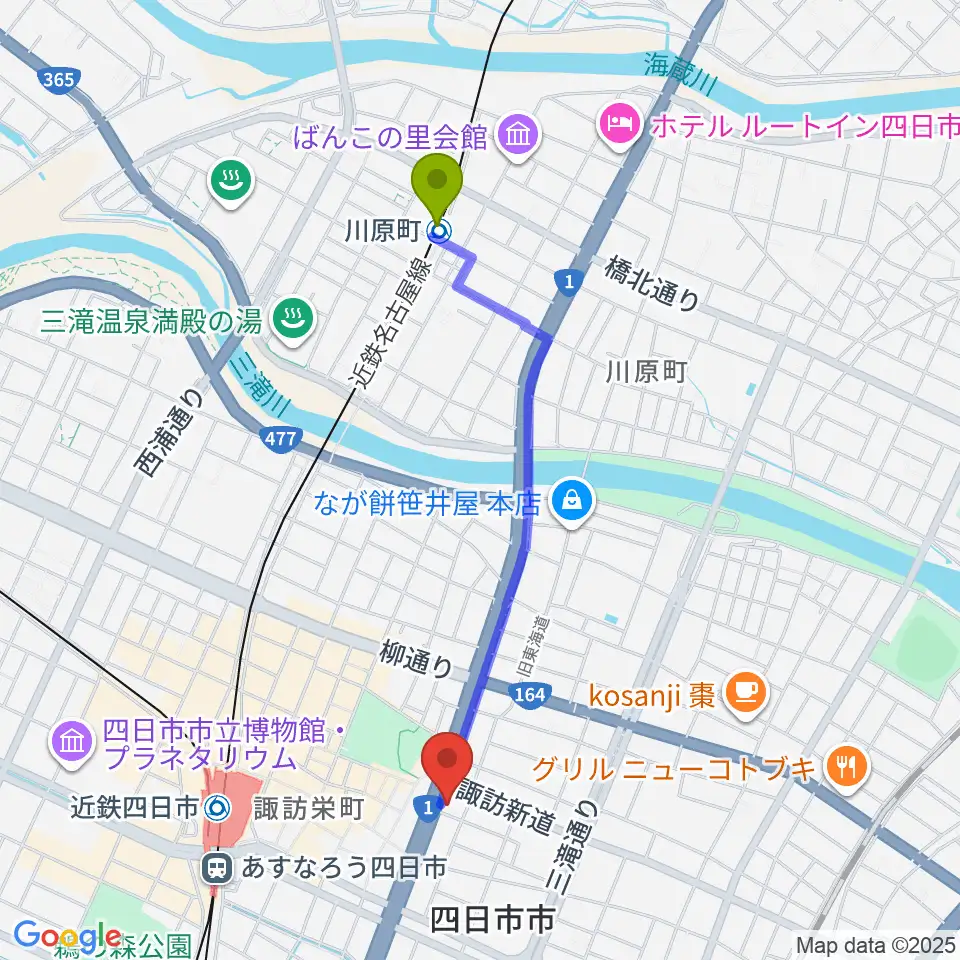 川原町駅からルークレコーズへのルートマップ地図