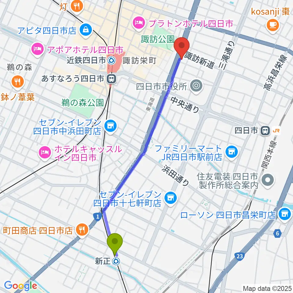 新正駅からルークレコーズへのルートマップ地図