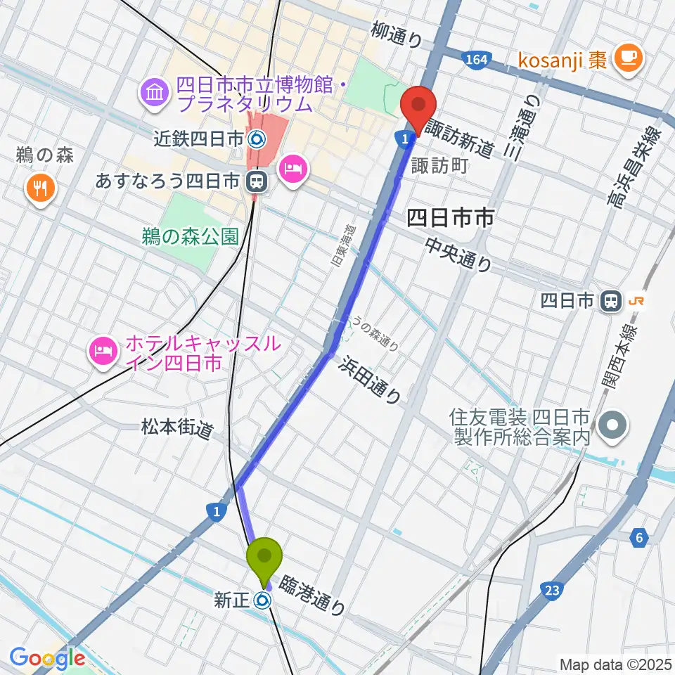 新正駅からルークレコーズへのルートマップ地図