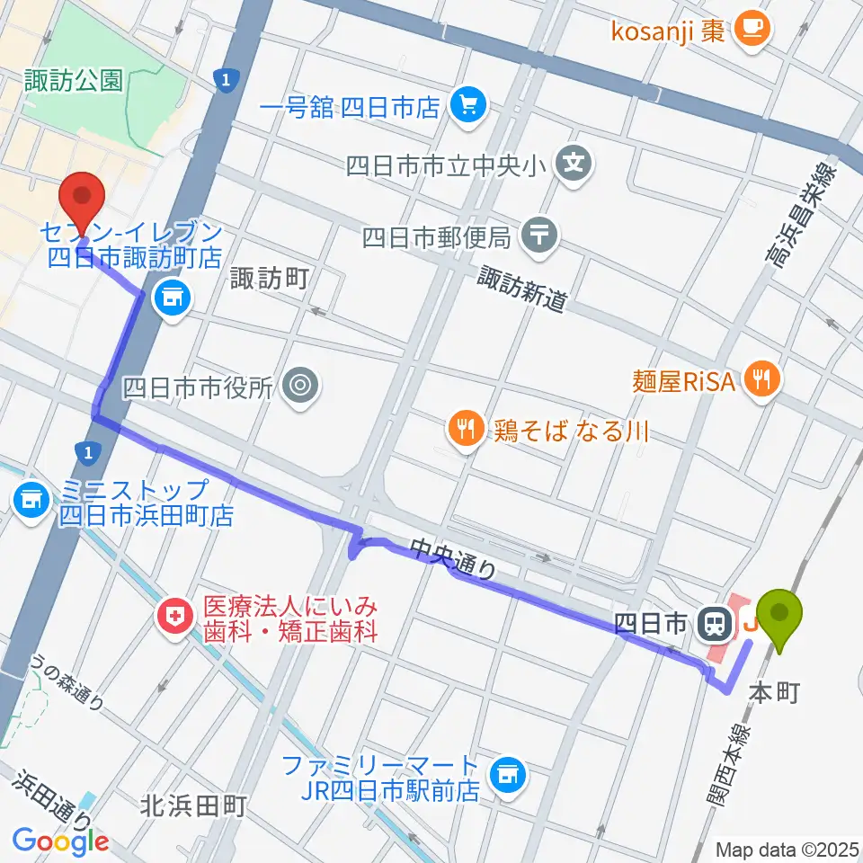 四日市駅からラストワルツへのルートマップ地図