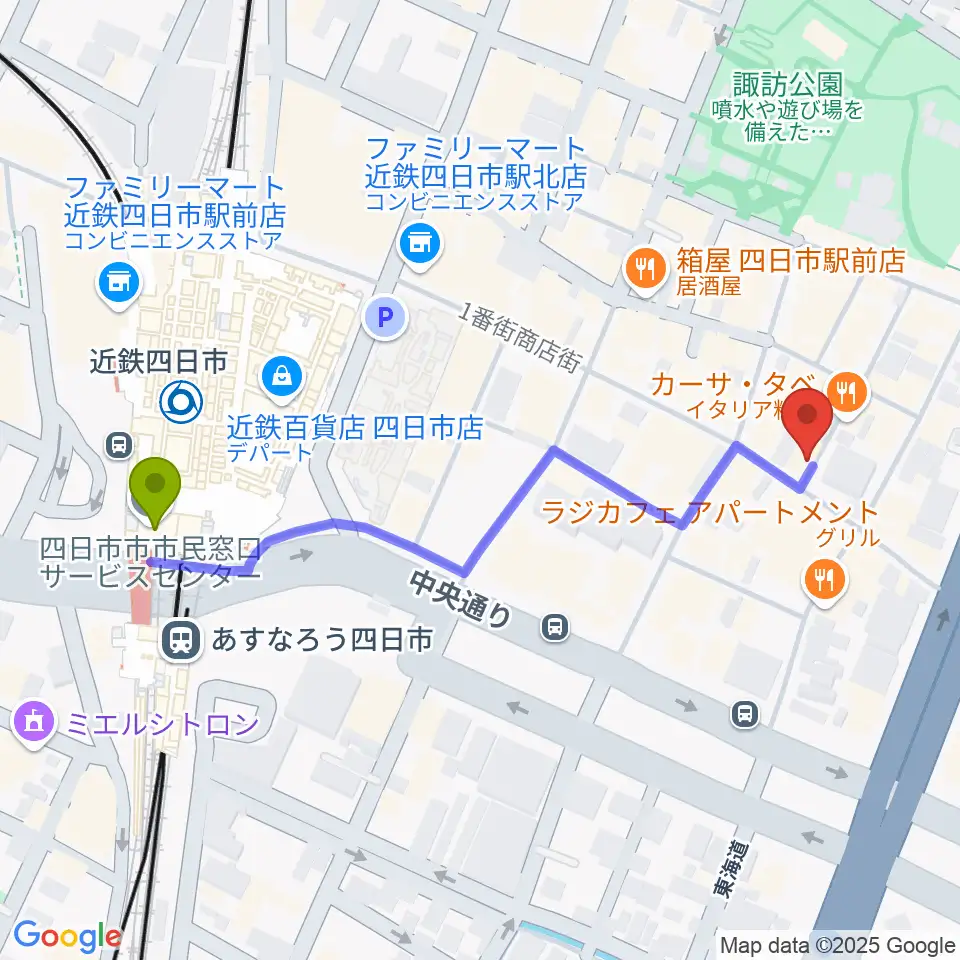 ラストワルツの最寄駅近鉄四日市駅からの徒歩ルート（約5分）地図