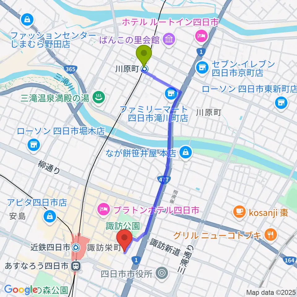 川原町駅からラストワルツへのルートマップ地図