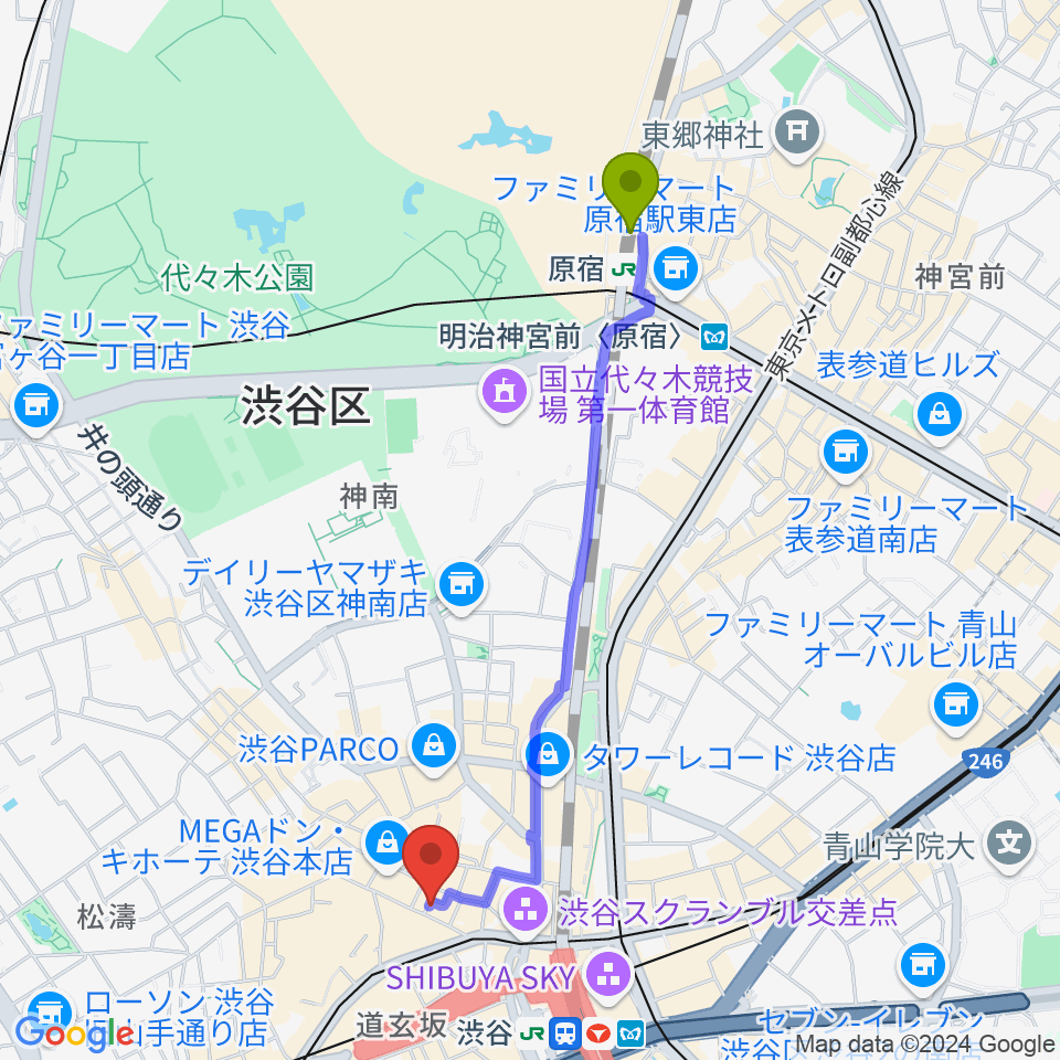 原宿駅からdiscland JAROへのルートマップ地図