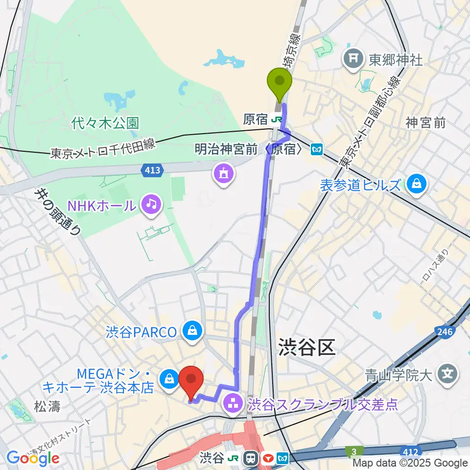 原宿駅からdiscland JAROへのルートマップ地図