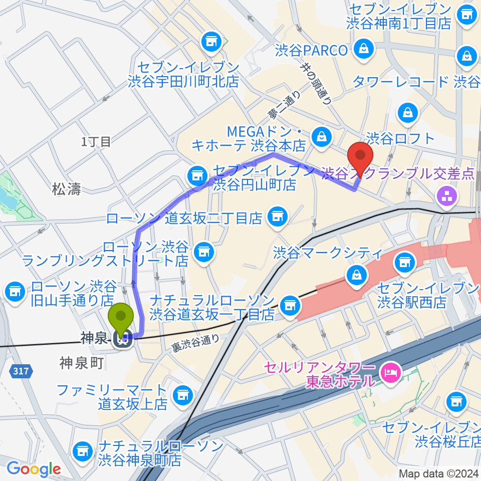 神泉駅からdiscland JAROへのルートマップ地図