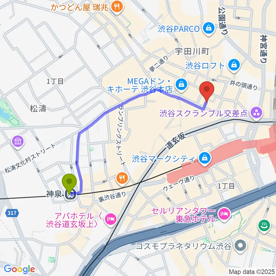 神泉駅からdiscland JAROへのルートマップ地図